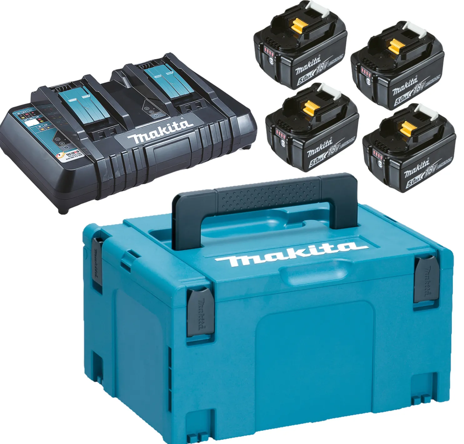 Akkupaketti Makita LXT 18V PowerPack 4x5,0 Ah ja DC18RD + Makpac