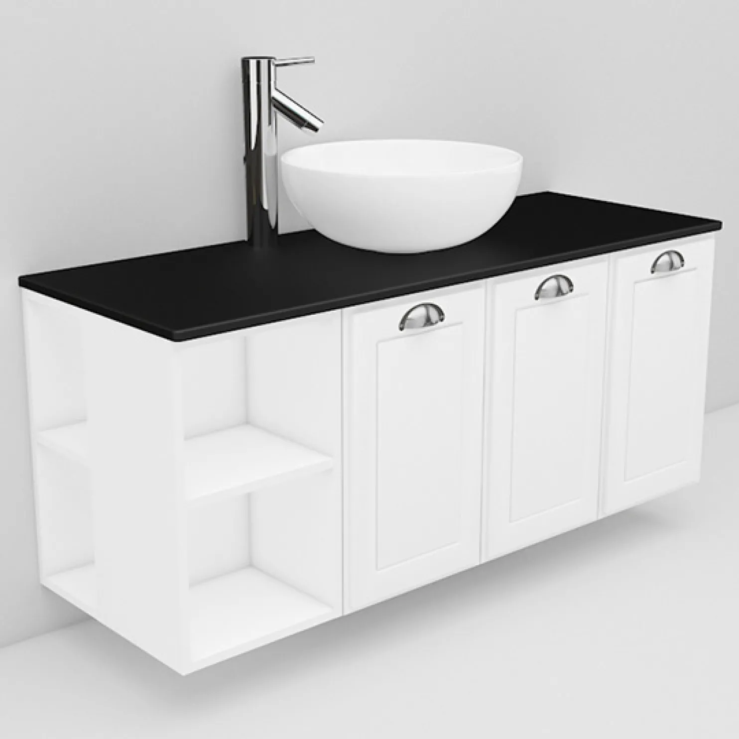 Allaskaappi ja Coast-allas Noro Flexline 144.3 musta taso 1200 mm valkoinen kehysovi