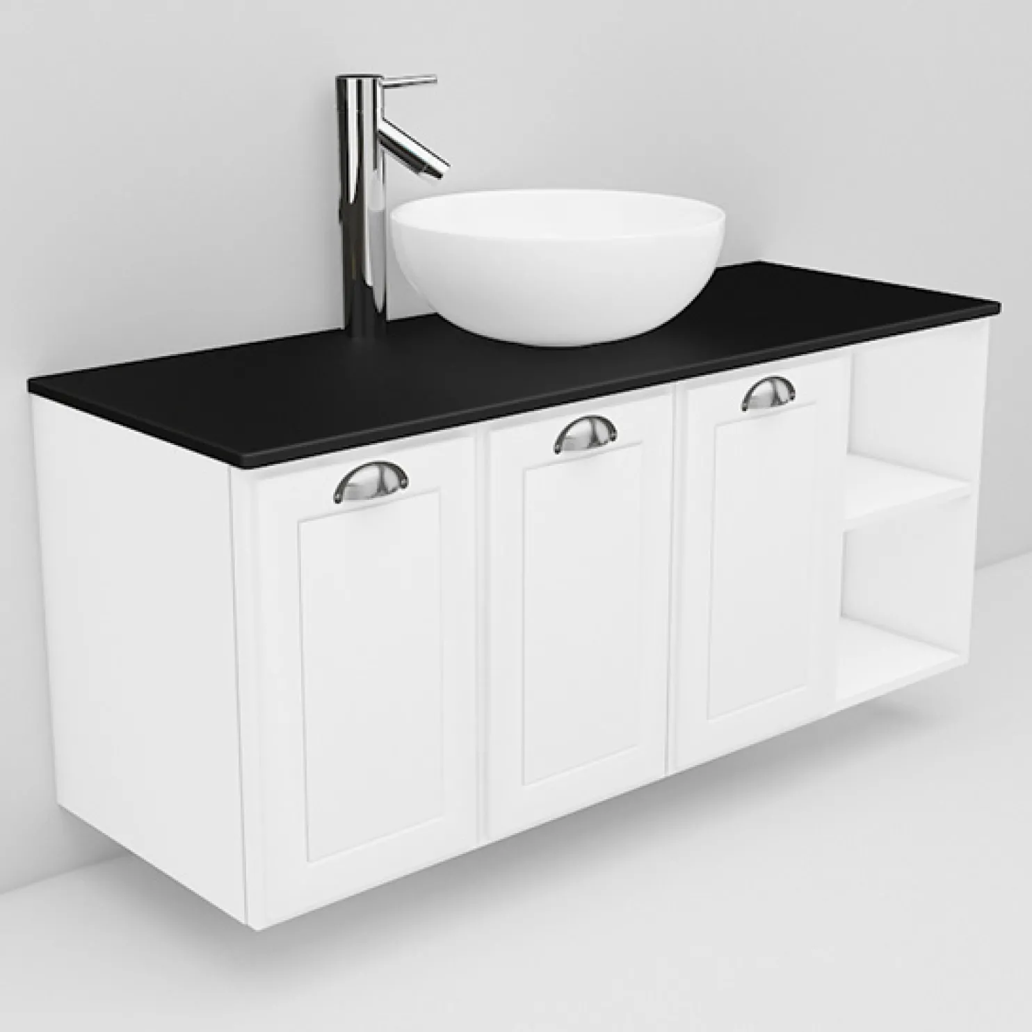 Allaskaappi ja Coast-allas Noro Flexline 136.3 musta taso 1200 mm valkoinen kehysovi