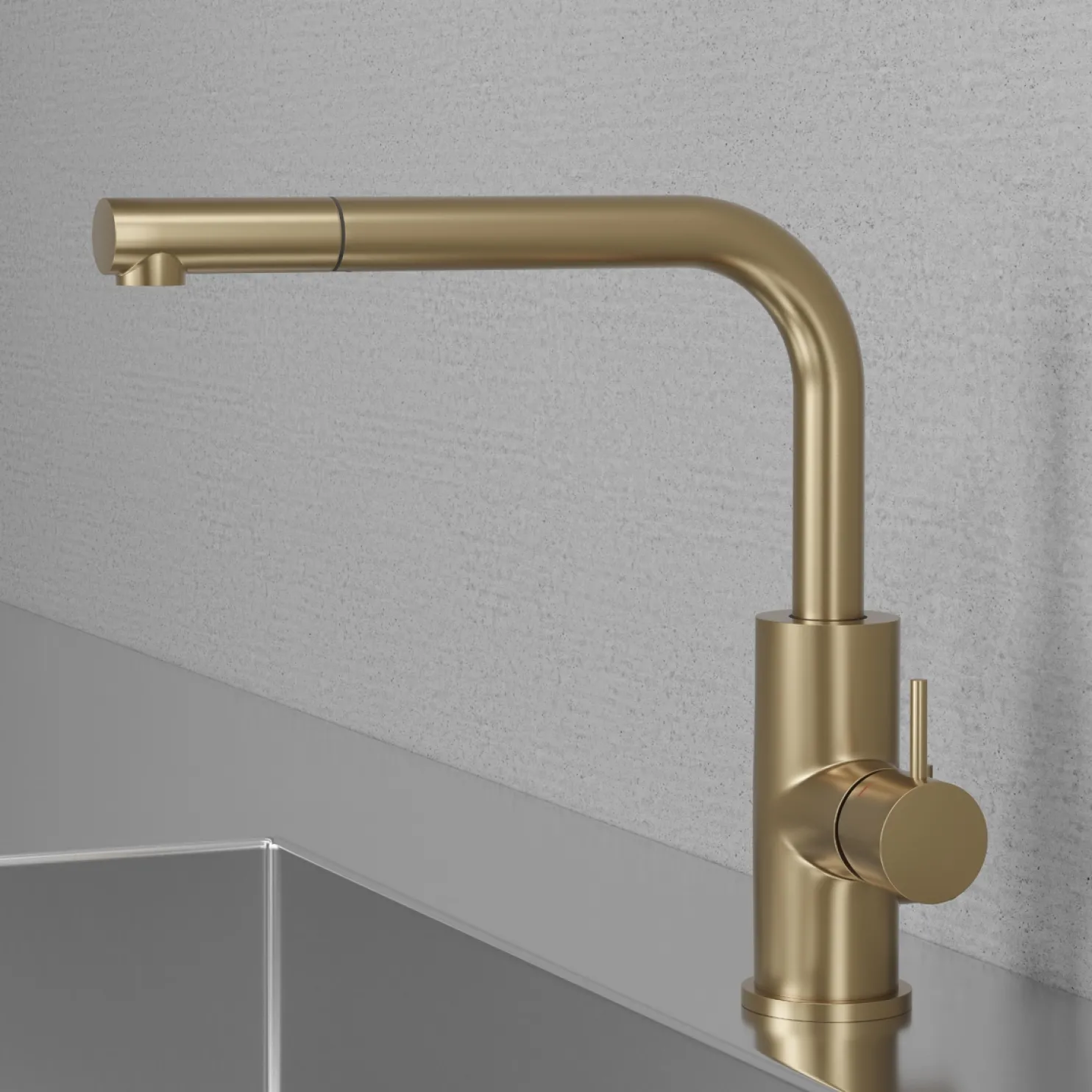 Keittiöhana Scandtap Steel Accent 90 D Sand, APK-liitäntä ja ulosvedettävä juoksuputki, messinki