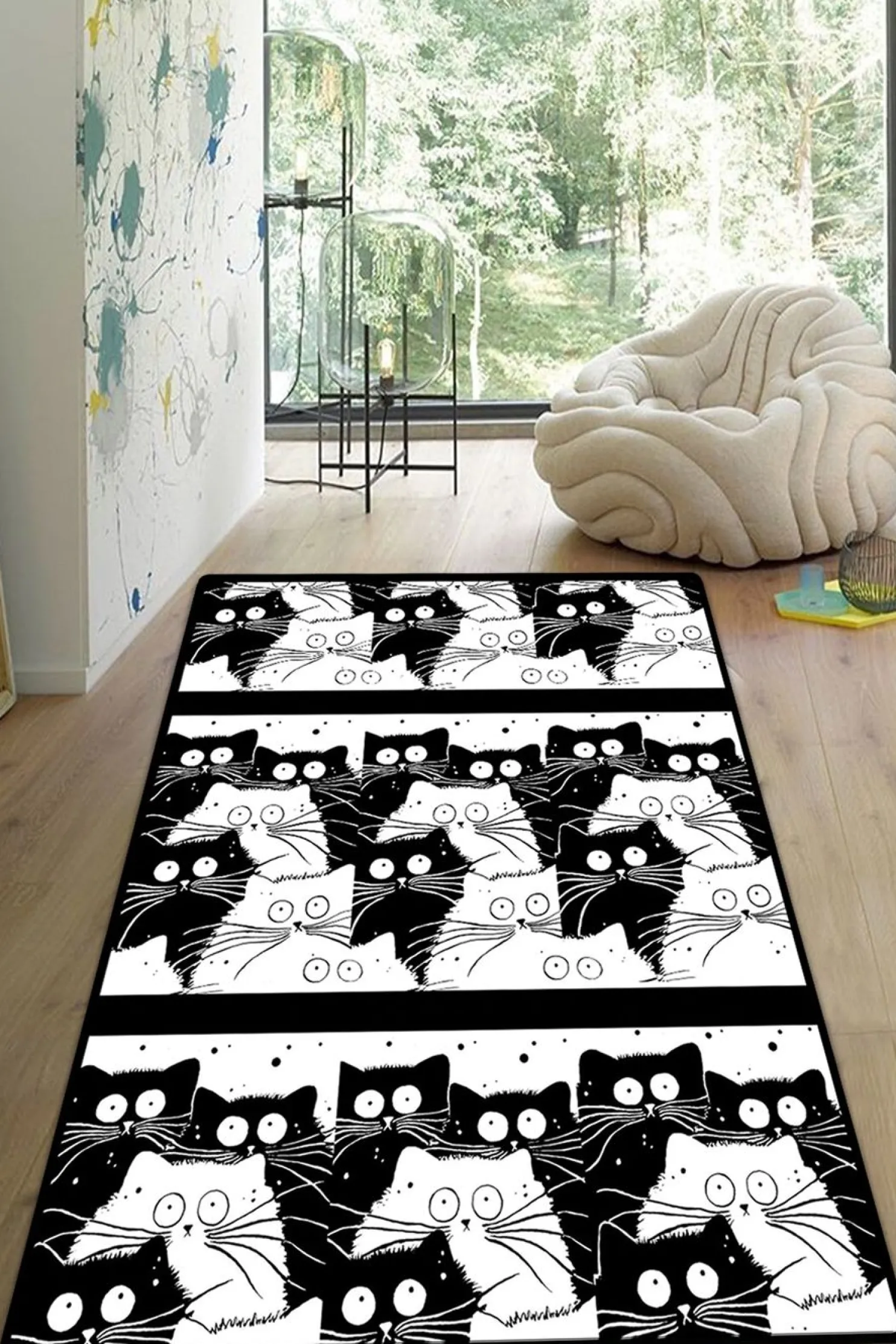 Lastenhuoneen matto Linento White Cats 2, 80x150cm, mustavalkoinen