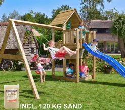Leikkikeskus Jungle Gym Cubby ja Swing Module X'tra sis. 120 kg hiekkaa ja sinisen liukumäen