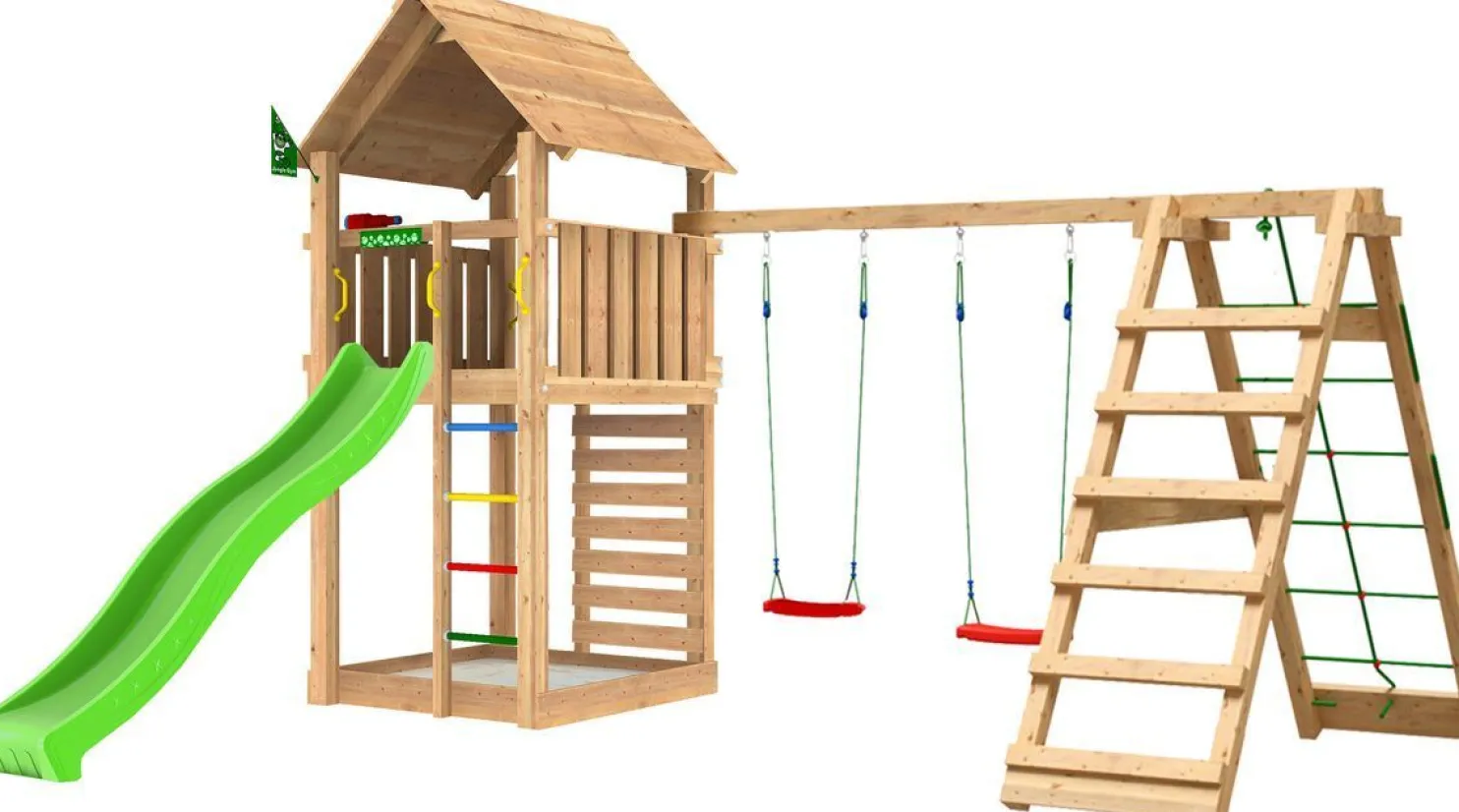 Leikkitorni Jungle Gym Cabin 2.1, 2-Climb Module 220, liukumäki ja 120 kg hiekkaa