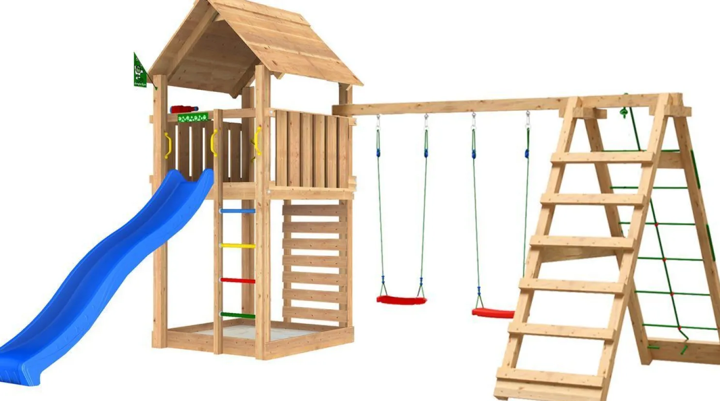 Leikkitorni Jungle Gym Cabin 2.1, 2-Climb Module 220, liukumäki ja 120 kg hiekkaa