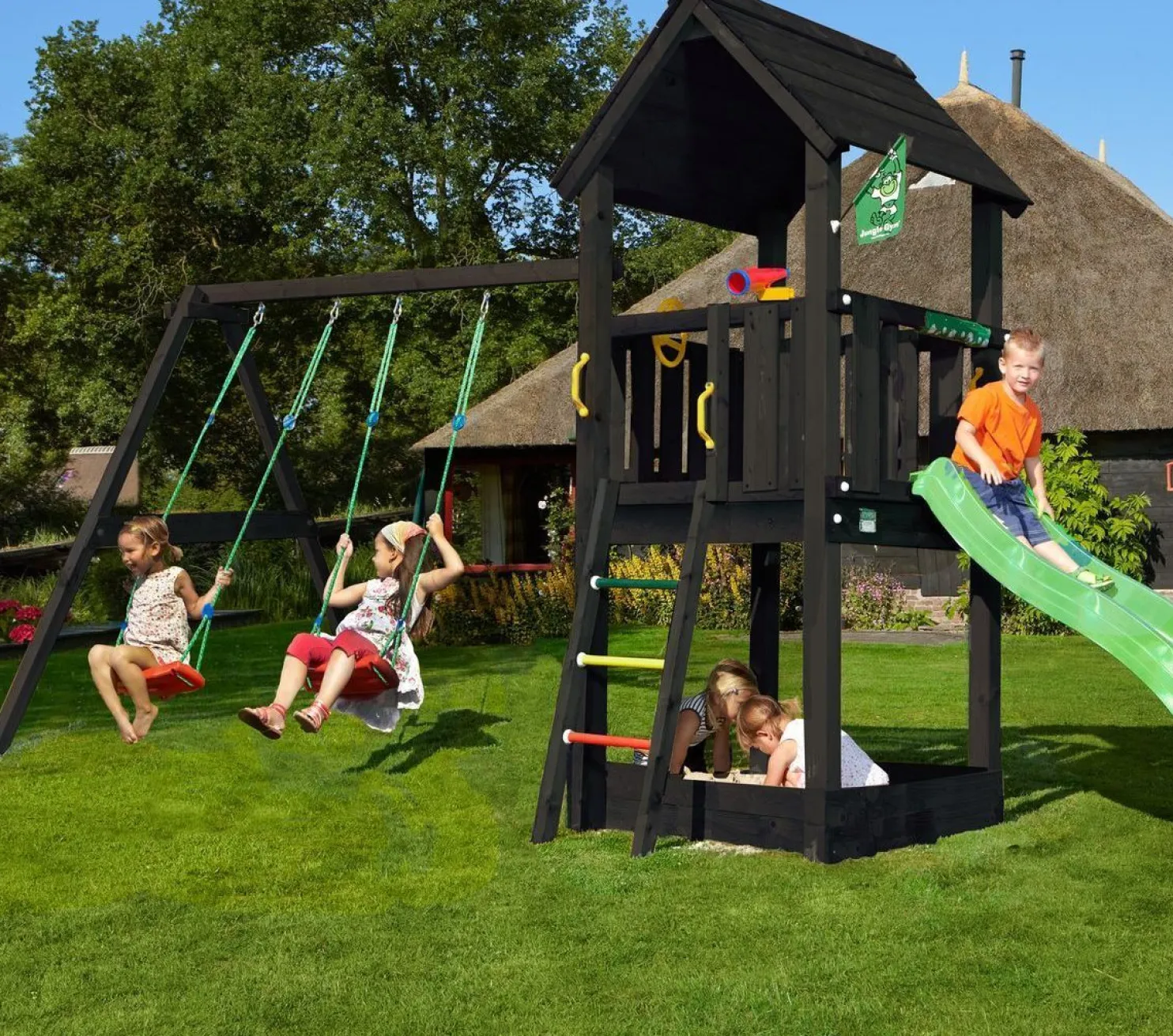 Leikkitornikokonaisuus Jungle Gym Club 2.1, 2-Swing Module 220, mustaksi petsattu, ilman liukumäkeä