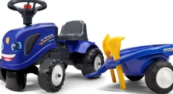Potkuauto Falk Ride-on traktori Baby New Holland, peräkärryllä, haravalla ja lapiolla