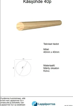 Pyöreä käsijohde, koivu, maalattu valkoinen, mittatilaus (pituus 1000–3000 mm)