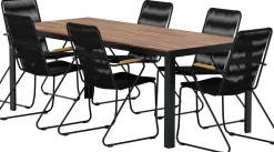 Ruokailuryhmä ulos Venture Home, luonnollisenvärinen Bois-pöytä 205x90cm + 6 mustaa Bois-tuolia