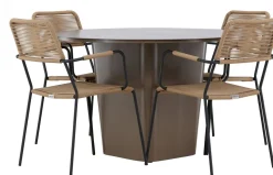 Ruokailuryhmä Venture Home, ø120cm harmaanruskea Santa Fe -pöytä + 4 Lindos-tuolia, käsinojilla